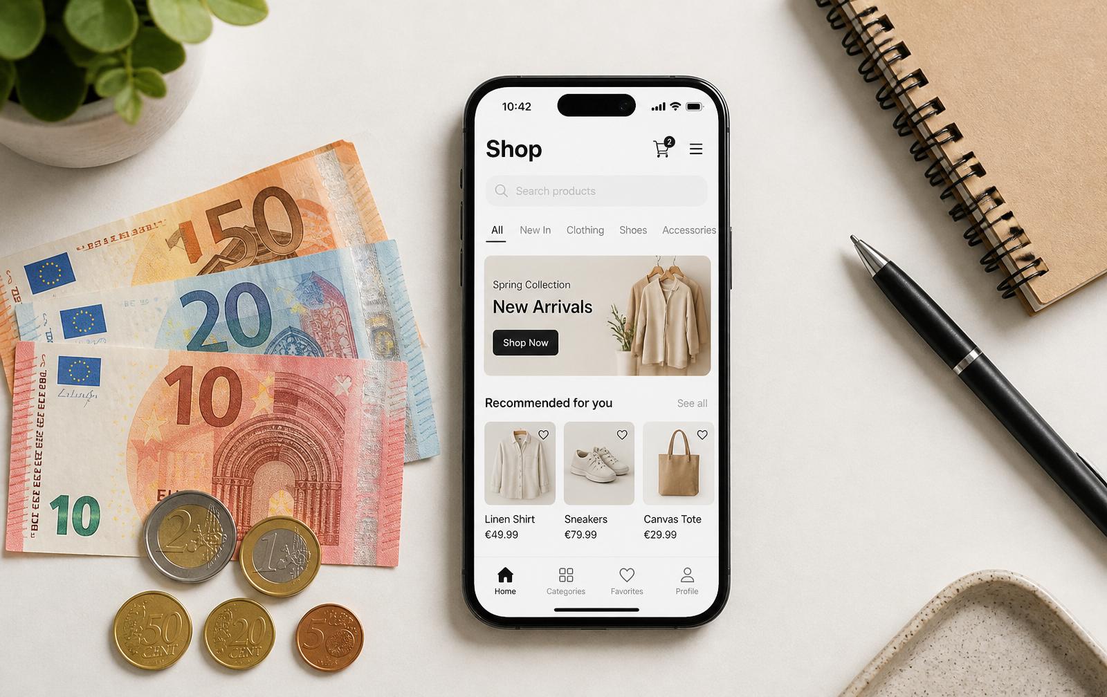 Euro-Scheine neben einem Smartphone mit Cashback-App